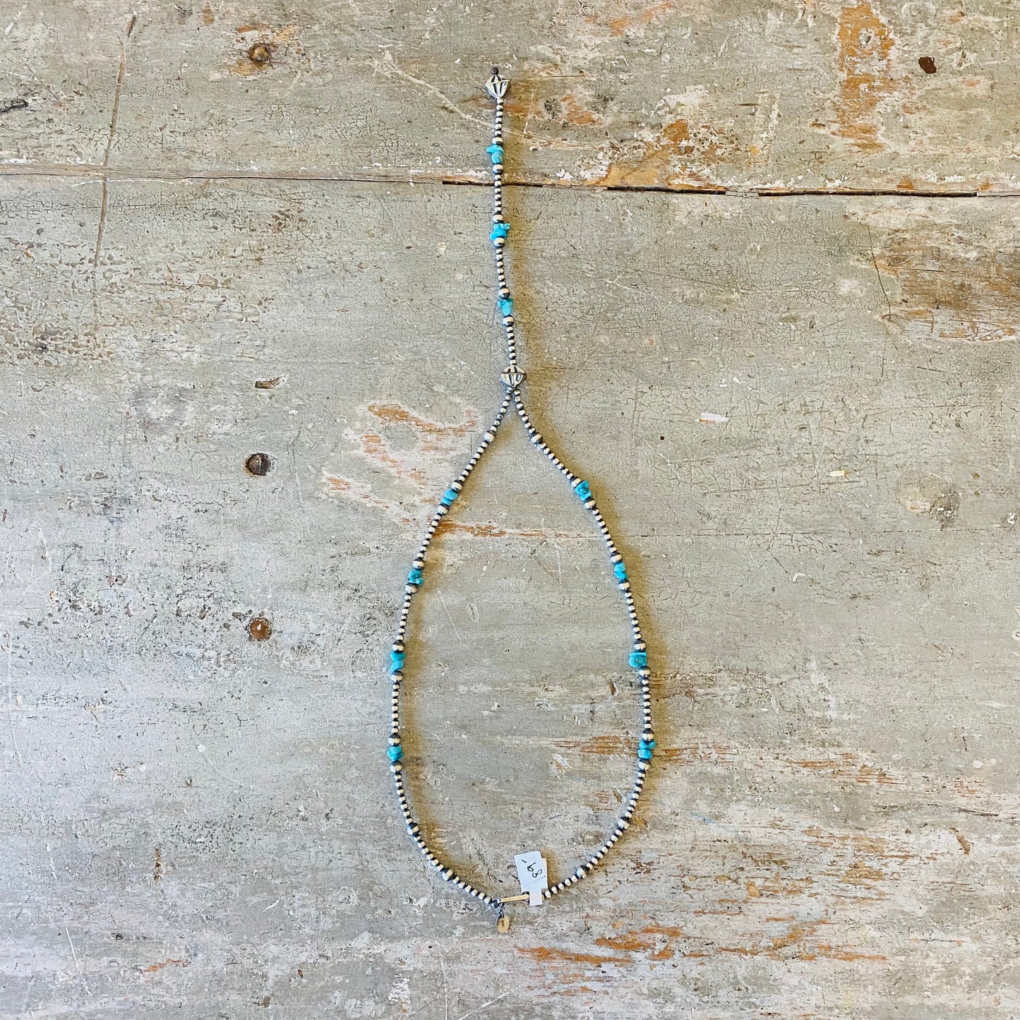 Navajo Strung Sterling Silver Machine Made Pearls & Turquoise Lariat Necklace