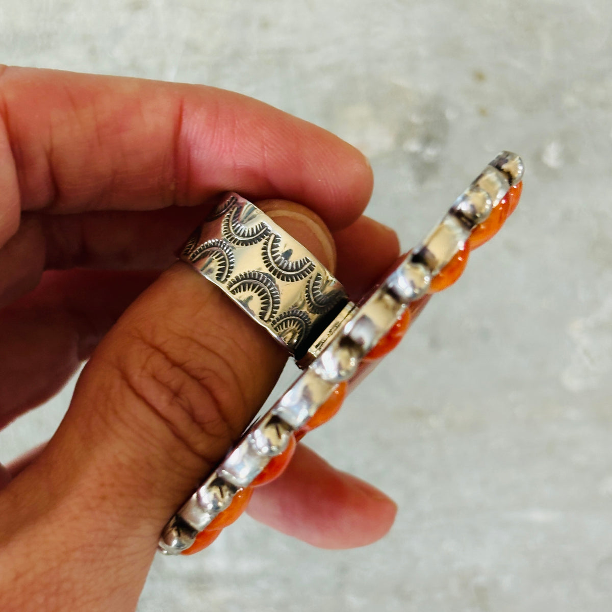 Navajo Tyler Brown Sterling Silver & Orange Spiny Oyster Heart Cluster Ring