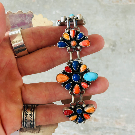 Navajo Betty Tom Sterling Silver Multi Stone Cluster Bracelet