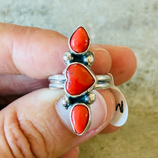 Navajo Mildred Parkhurst Sterling Silver & Red Coral Heart Ring