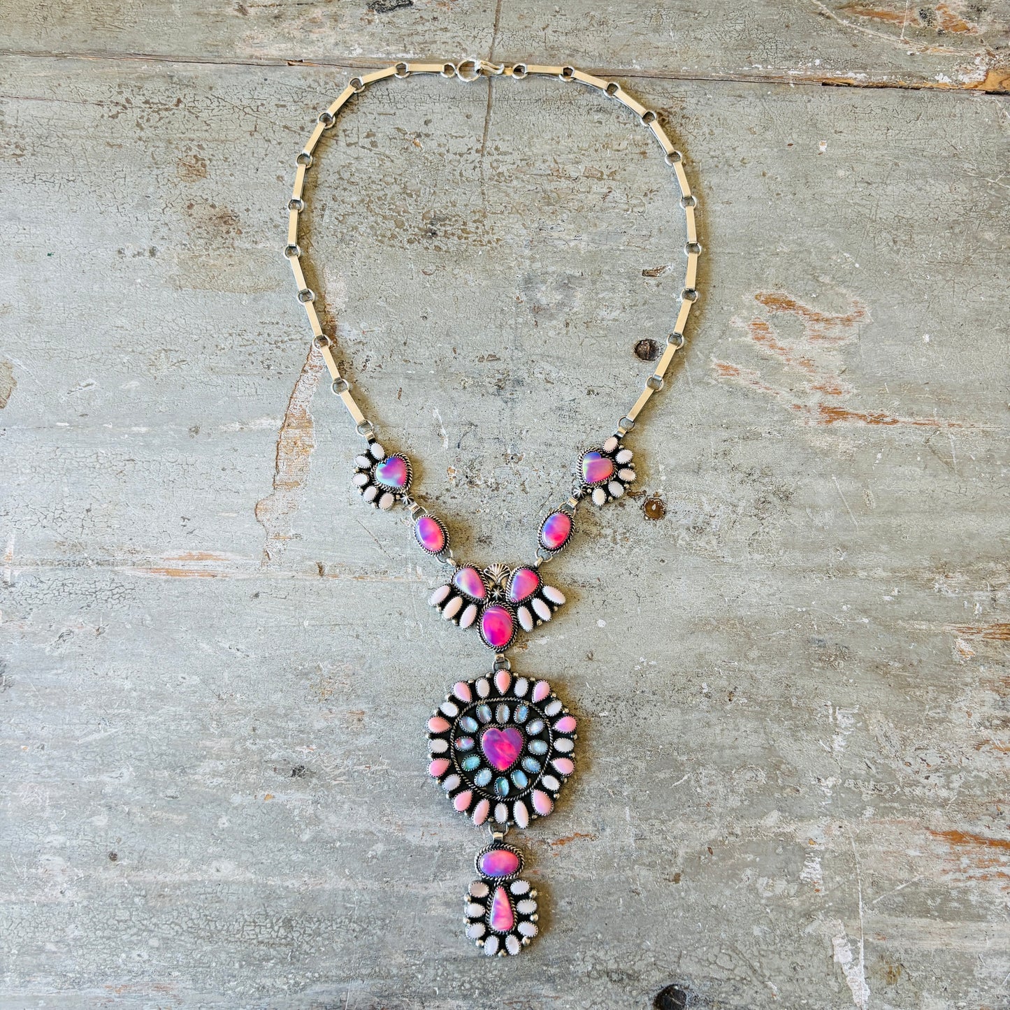 Navajo Hemerson Brown Sterling Silver - Opals & Shell Hearts Statement Necklace