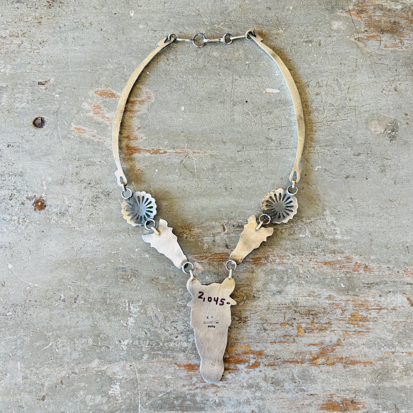 Navajo Kindale Billah Sterling Silver & Pink Conch Horses Necklace