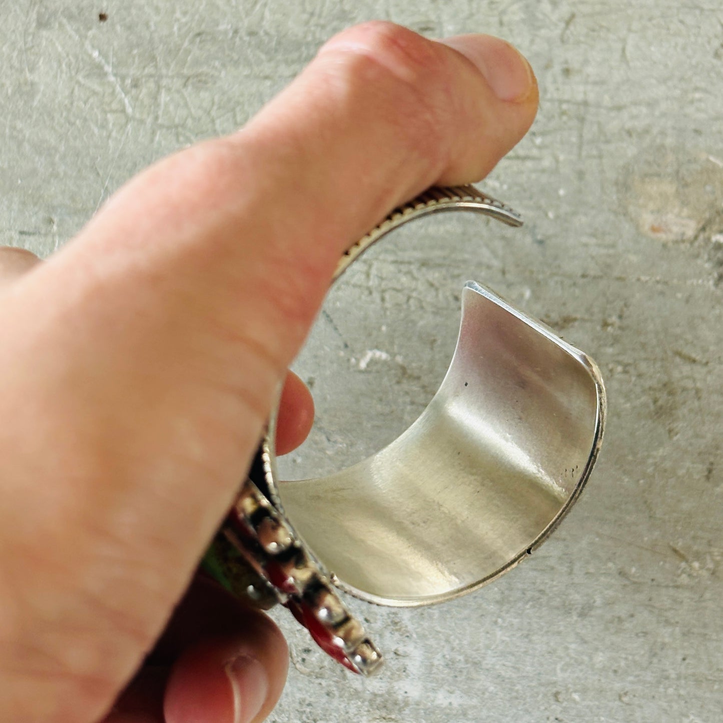 Navajo Hemerson Brown Sterling Silver - Red Coral & Sonoran Turquoise Cluster Hearts Cuff