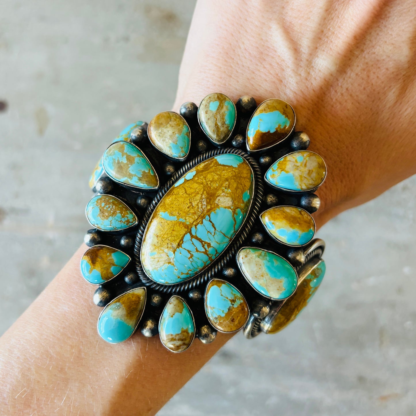 Navajo Hemerson Brown Sterling Silver & Royston Turquoise Cluster Statement Cuff