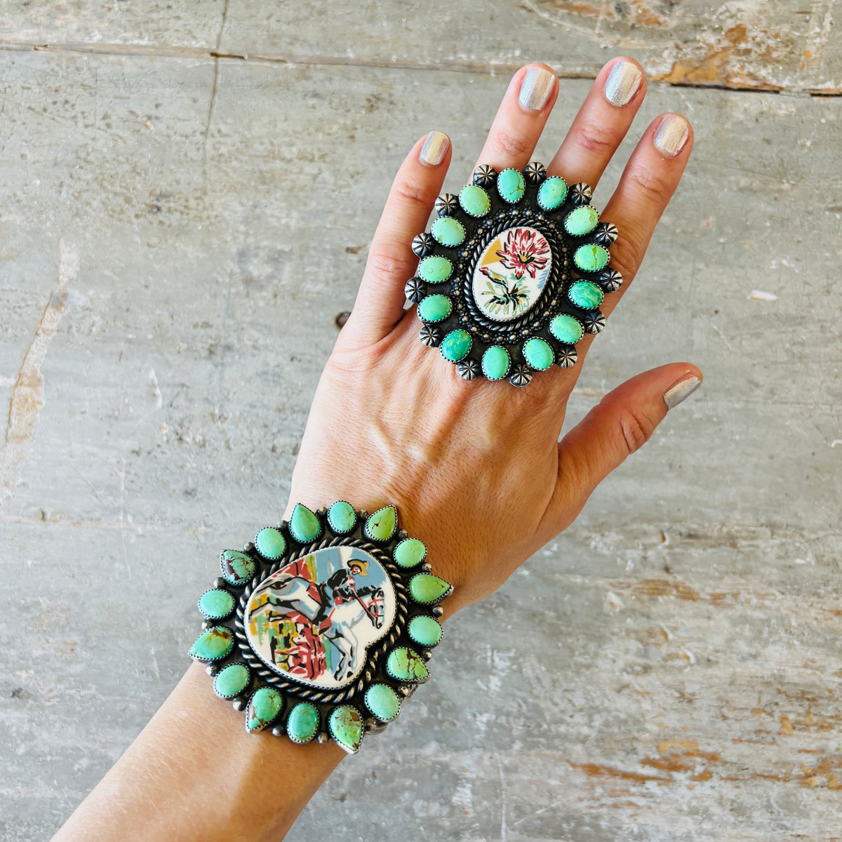 Navajo Kindale Billah Sterling Silver - Ceramic & Mojave Campitos Turquoise Floral Cluster Ring