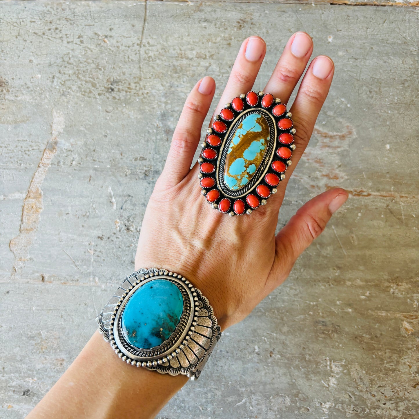 Navajo Hemerson Brown Sterling - Red Coral & #8 Turquoise Cluster Ring