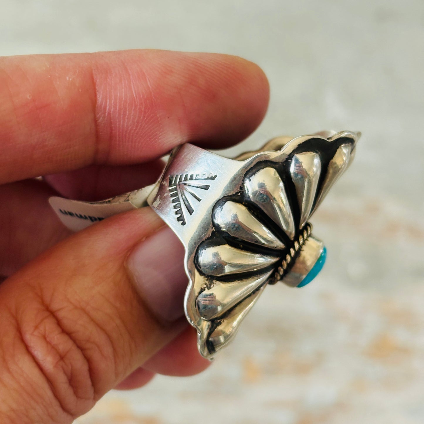 Navajo Darrell Cadman Sterling Silver & Sleeping Beauty Turquoise Concho Ring