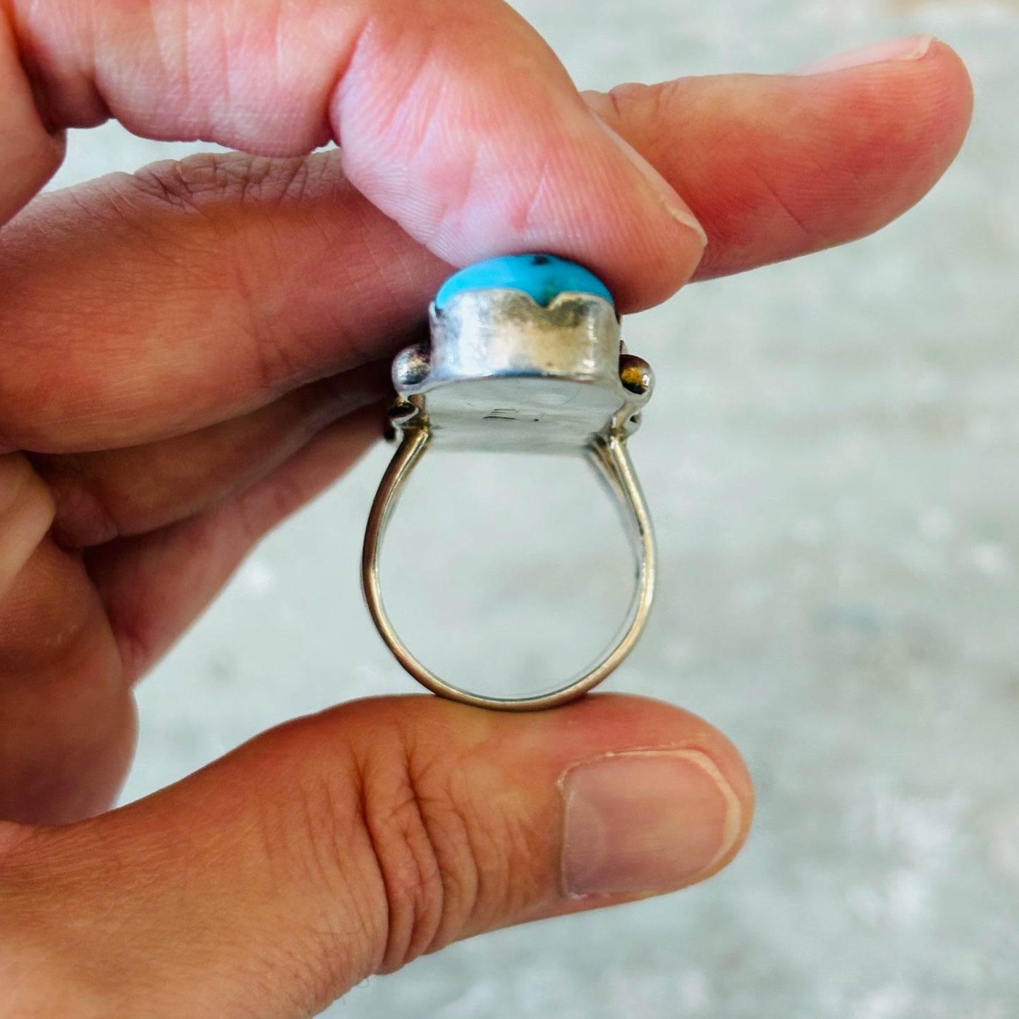 Vintage Navajo Signed Sterling Silver & Kingman Turquoise Five Stone Crawler Ring