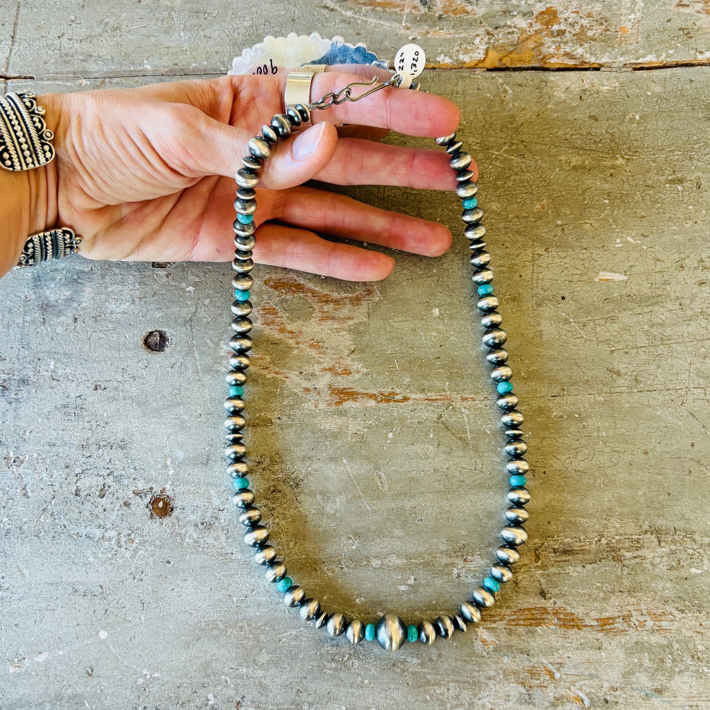 Navajo Preston Haley Sterling Silver & Kingman Turquoise 5 - 8 - 12mm Handmade Pearls Necklace