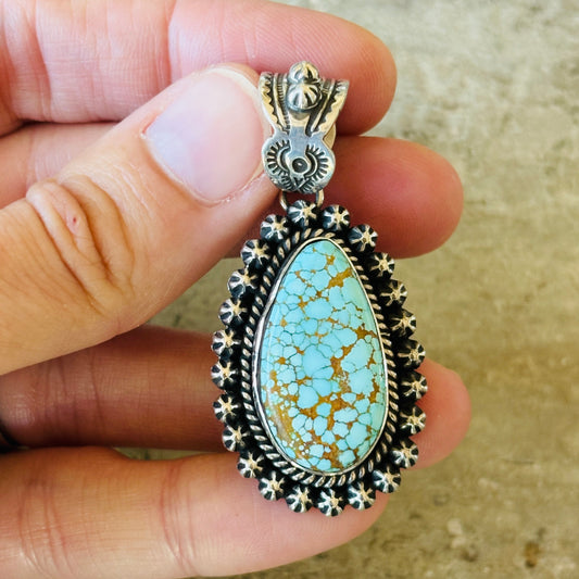 Navajo Happy Piasso Sterling Silver & #8 Turquoise Starburst Pendant