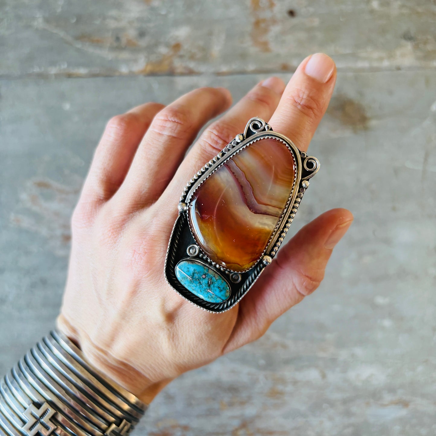 Navajo Bryan Tom Sterling Silver - Celestial Agate & Turquoise Mountain Statement Ring