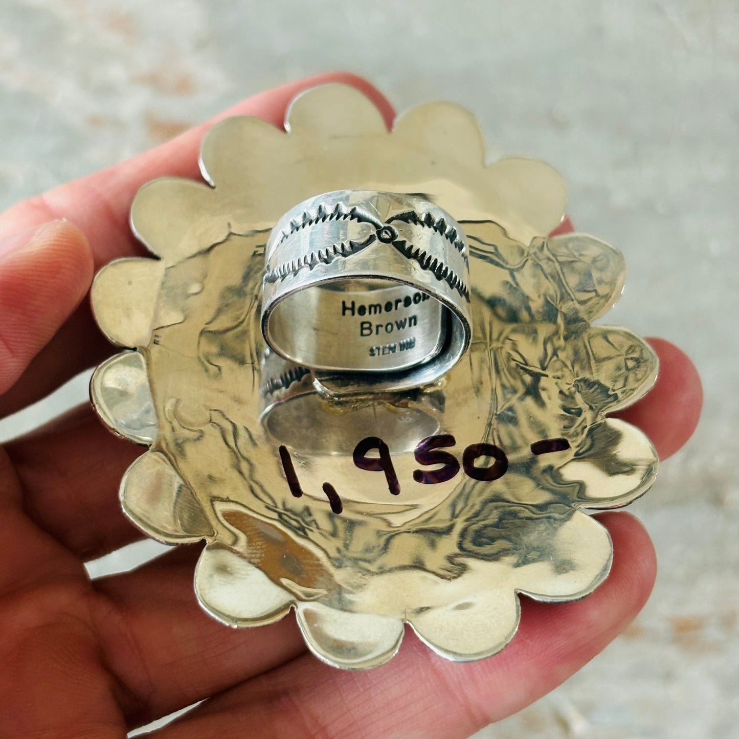 Navajo Hemerson Brown Sterling Silver - Red Coral & Sonoran Turquoise Cluster Statement Ring