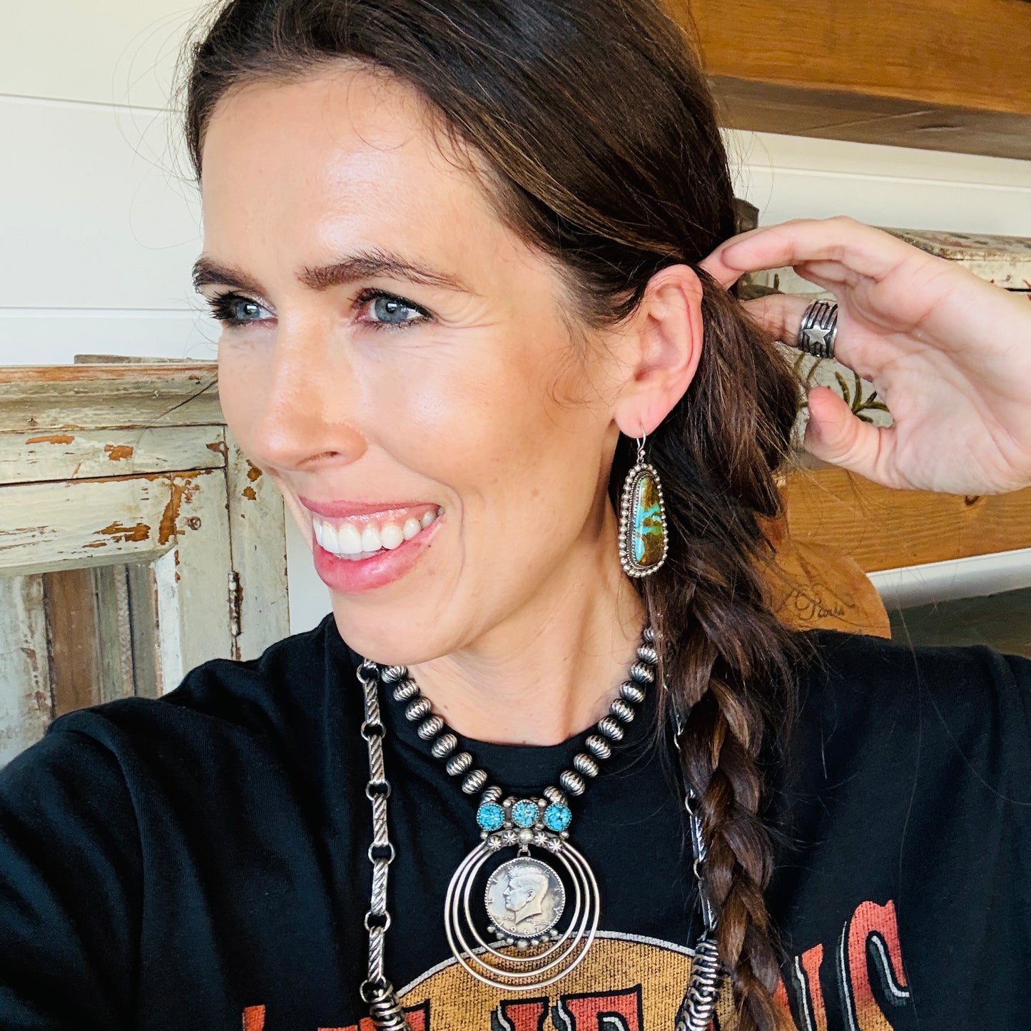 Navajo Marcus Chavez Sterling Silver & Royston Statement Earrings
