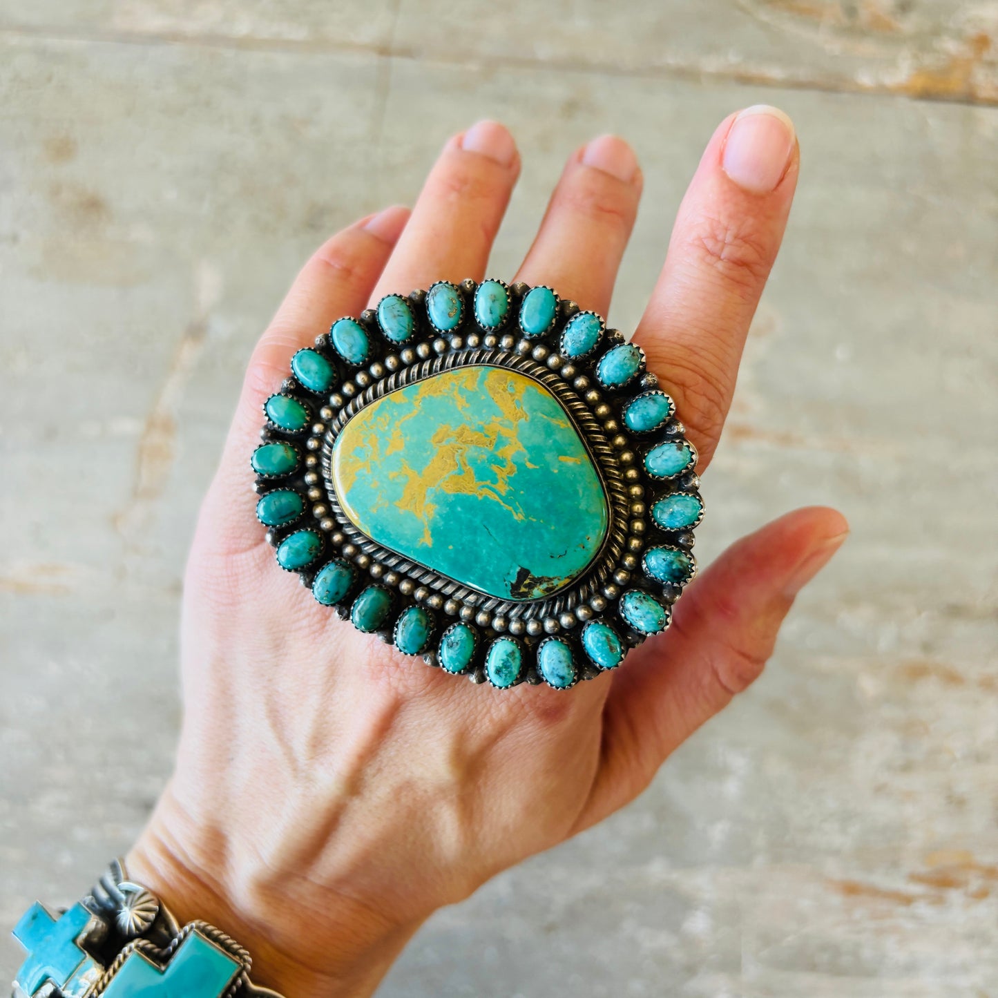 Navajo Glenn Livingston Sterling Silver & Mixed Turquoise Cluster Ring