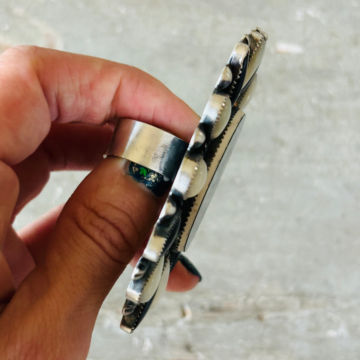 Navajo Kindale Billah Sterling Silver - Ceramic - Mother of Pearl & Black Onyx Witch Ring