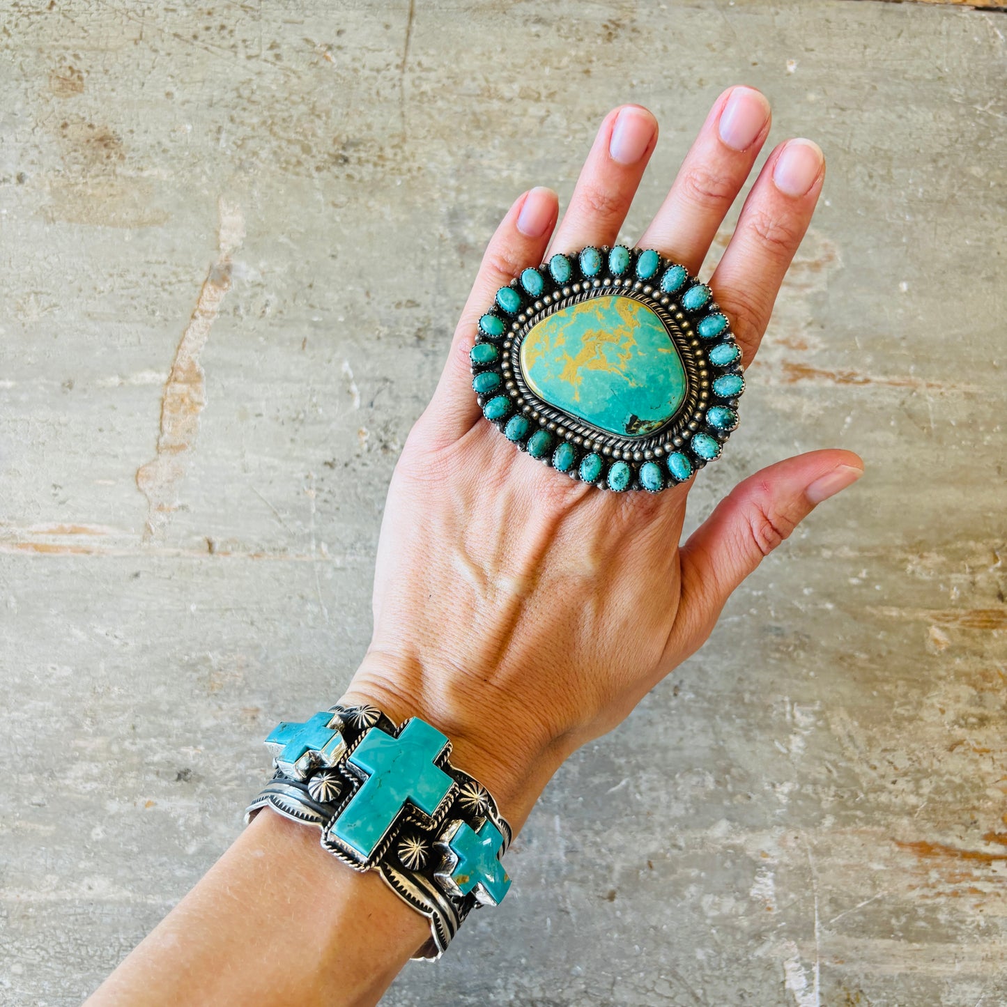 Navajo Glenn Livingston Sterling Silver & Mixed Turquoise Cluster Ring