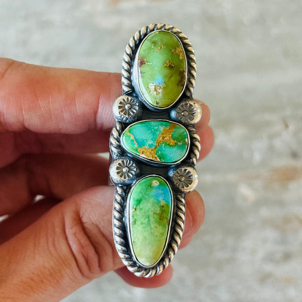 Navajo Delbert Secatero Sterling Silver & Sonoran Turquoise Three Stone Ring