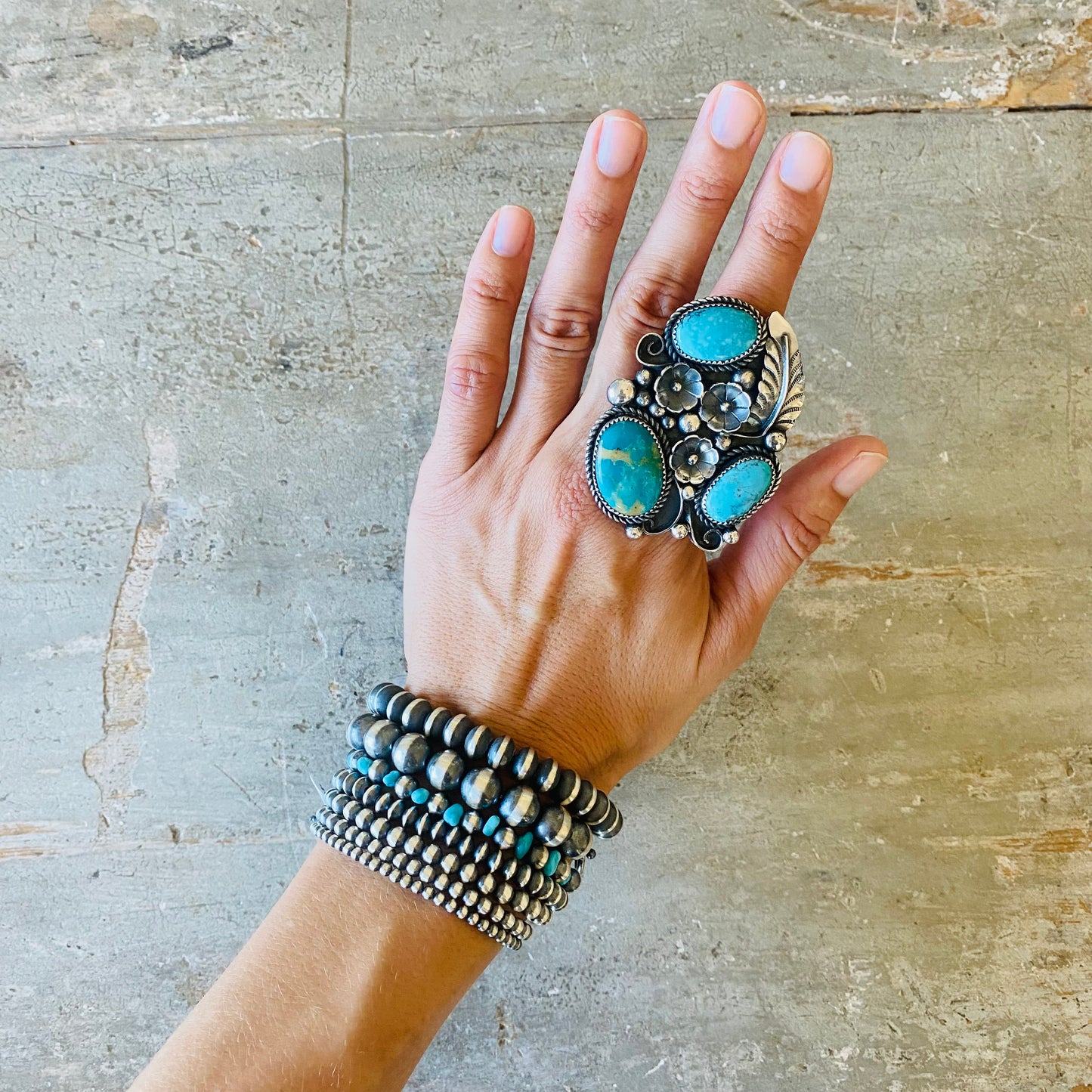 Navajo Marcus Chauvez Sterling Silver & Turquoise Floral Statement Ring