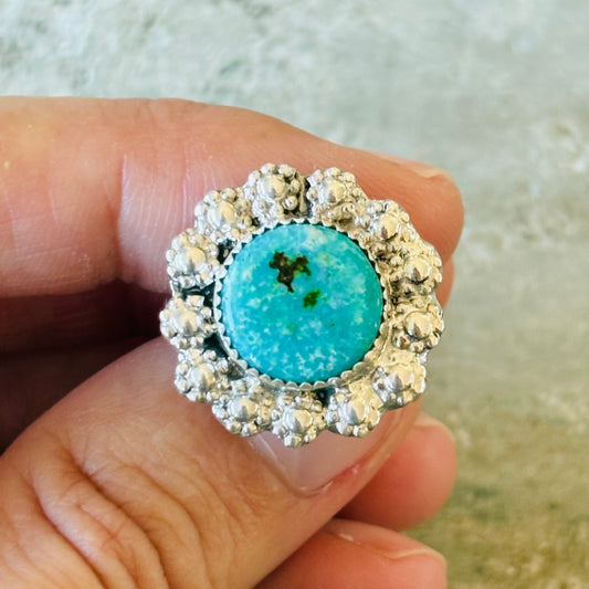 Navajo Renyold Begay Sterling Silver & Sonoran Mountain Turquoise Floral Ring