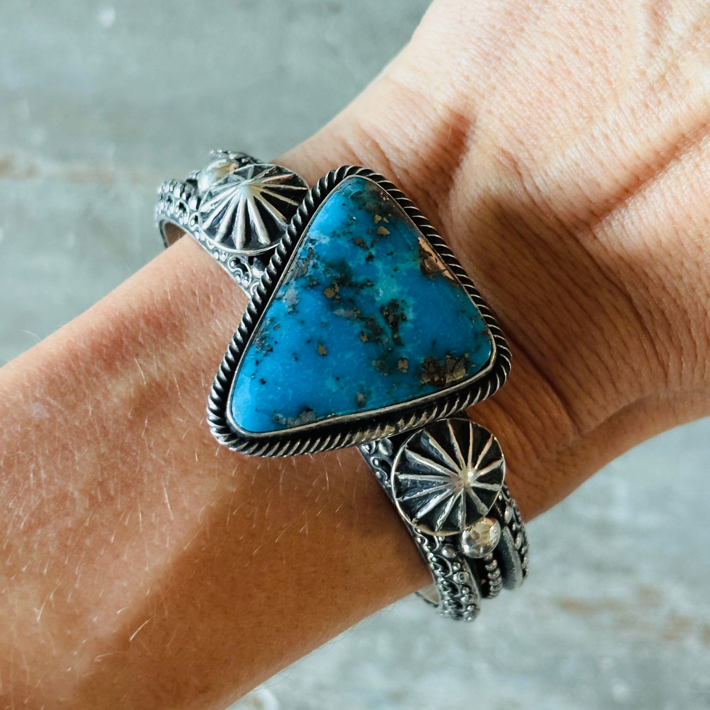 Navajo Hemerson Brown Sterling Silver & Egyptian Turquoise Triangle Cuff