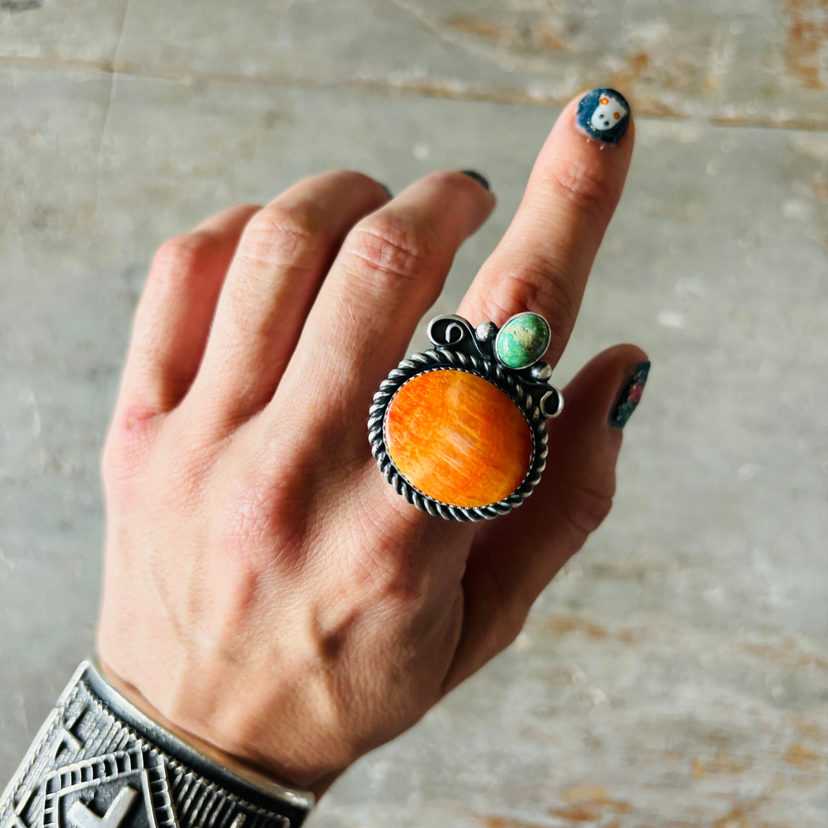 Navajo Kindale Billah Sterling Silver - Orange Spiny & Candelaria Turquoise Pumpkin Ring