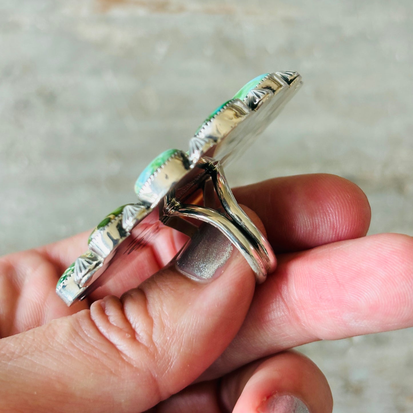 Navajo Larson Lee Sterling Silver & Sonoran Turquoise Cluster Ring