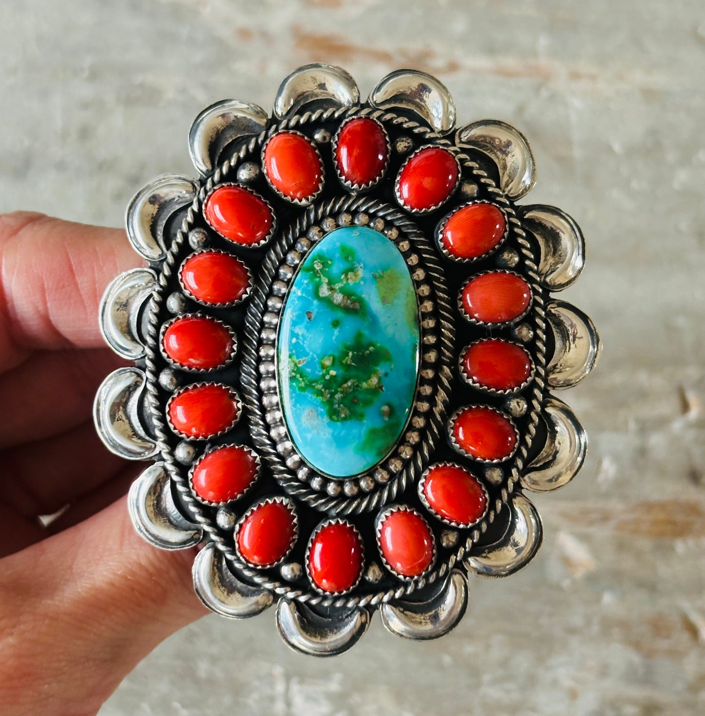 Navajo Hemerson Brown Sterling Silver - Red Coral & Sonoran Turquoise Cluster Statement Ring