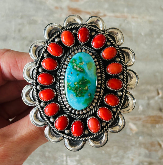 Navajo Hemerson Brown Sterling Silver - Red Coral & Sonoran Turquoise Cluster Statement Ring