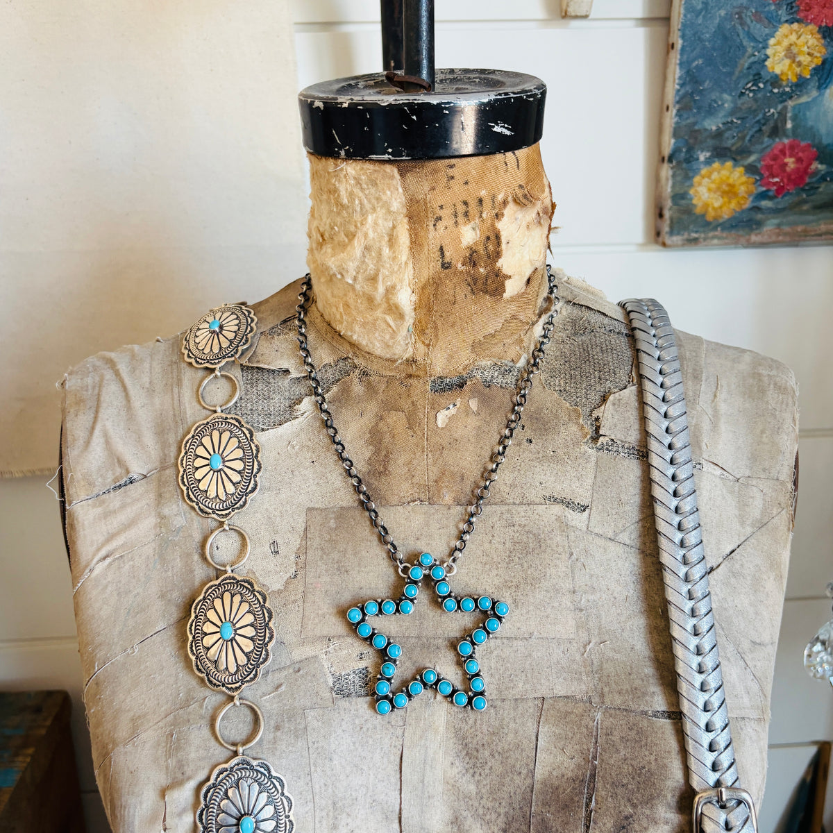 Navajo Charles Johnson Sterling Silver & Kingman Turquoise Star Cluster Bar Necklace