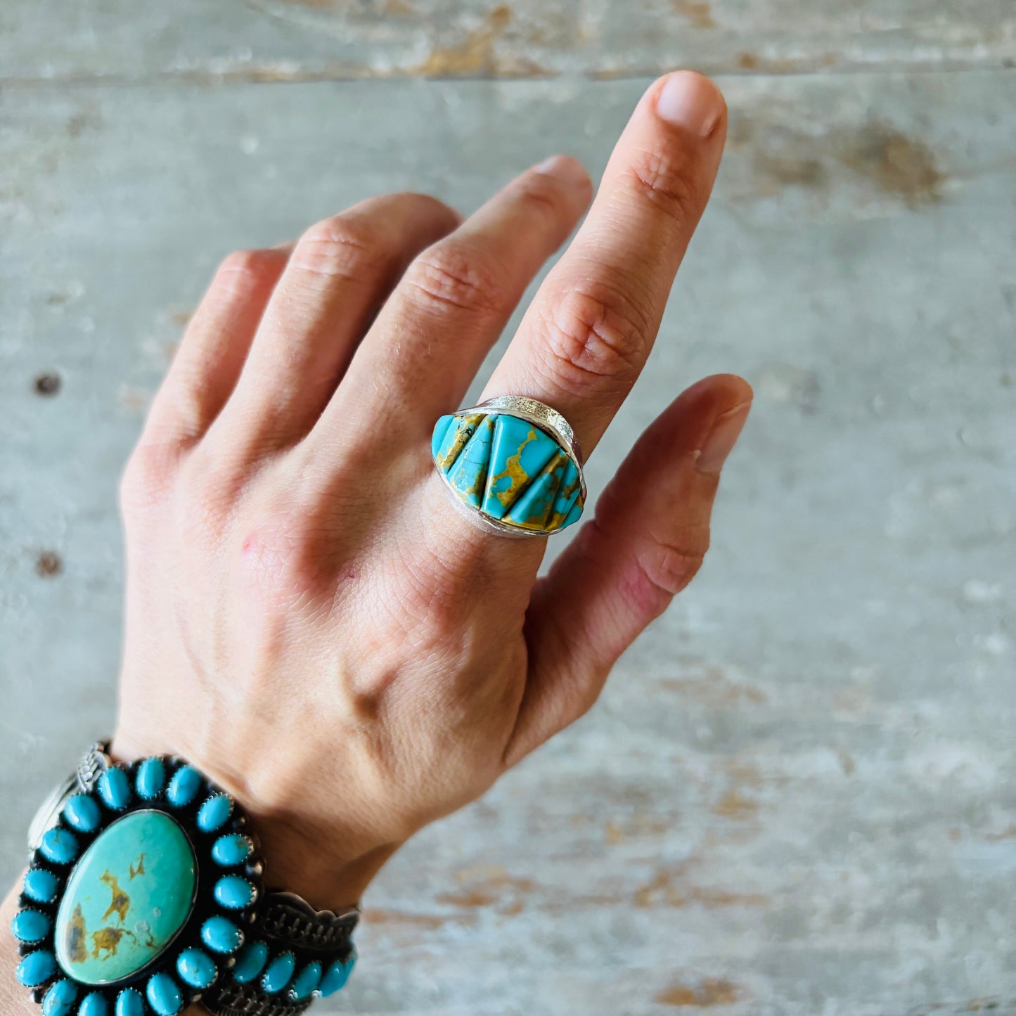 Navajo Lester James Sterling Silver & Kingman Turquoise Cobblestone Ring