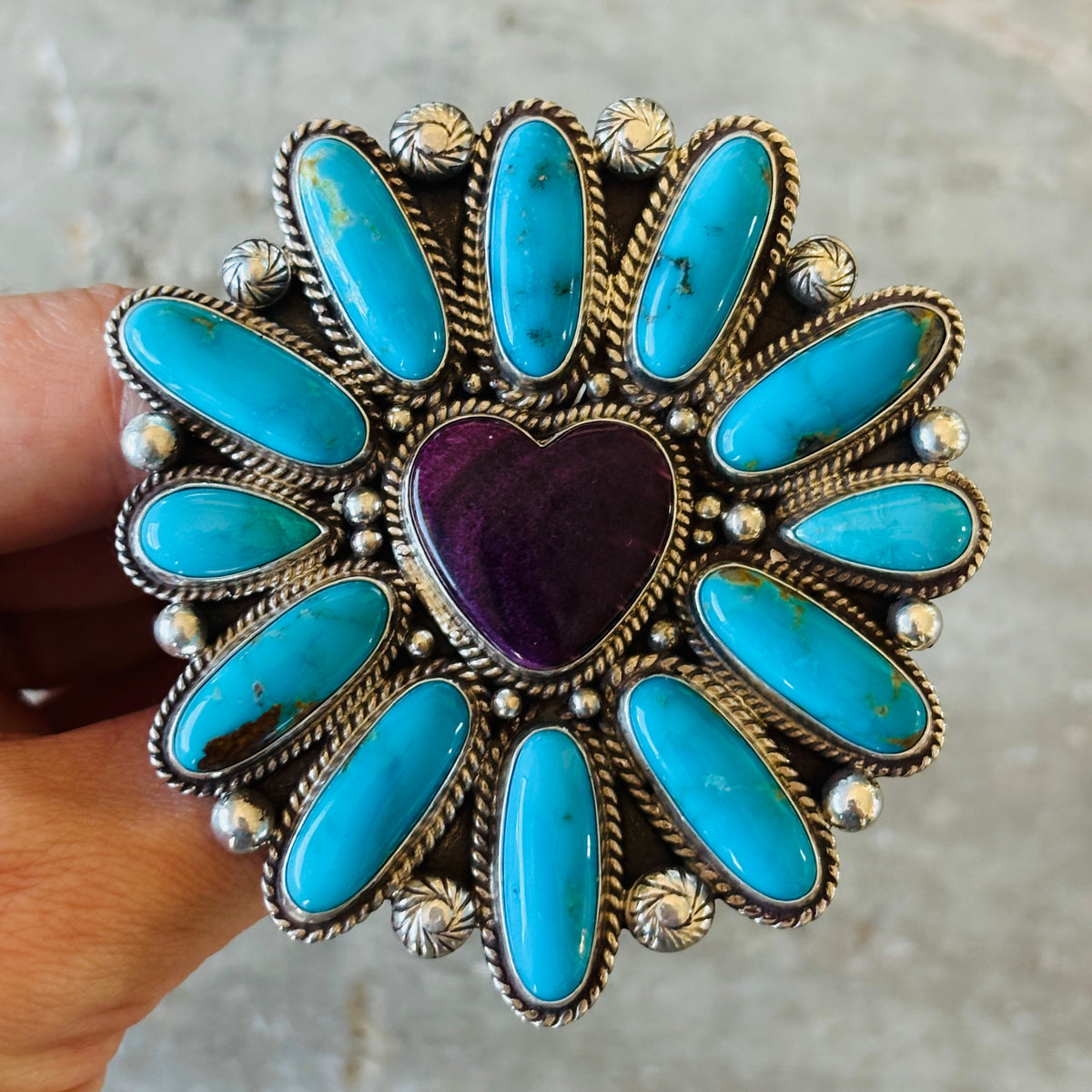 Navajo Tyler Brown Sterling Silver - Purple Spiny Oyster & Kingman Turquoise Heart Cluster Ring