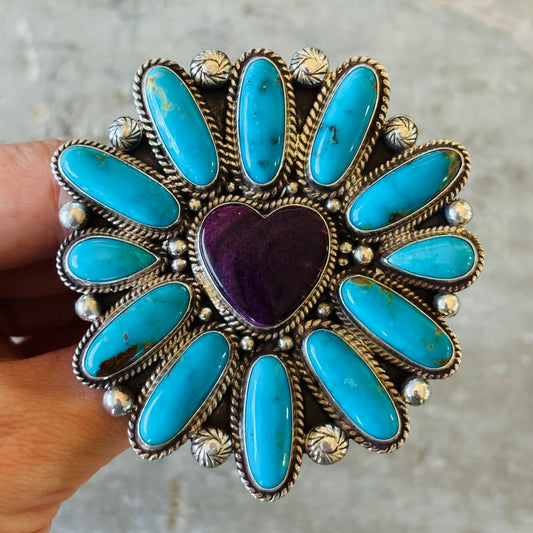 Navajo Tyler Brown Sterling Silver - Purple Spiny Oyster & Kingman Turquoise Heart Cluster Ring