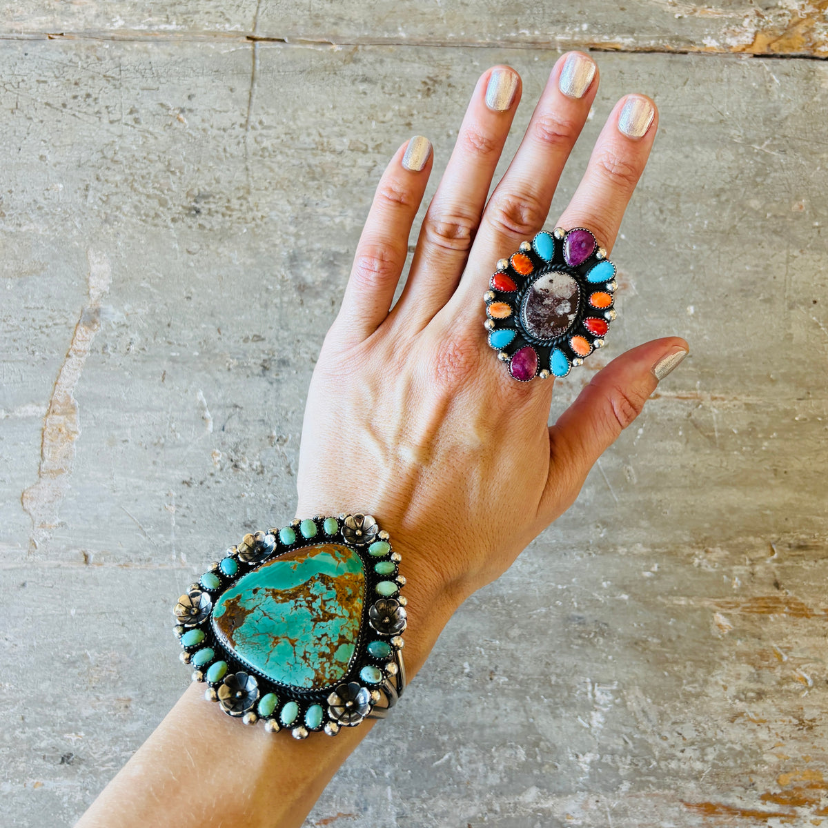 Navajo Hemerson Brown Sterling Silver - Multi Stone Cluster Statement Ring