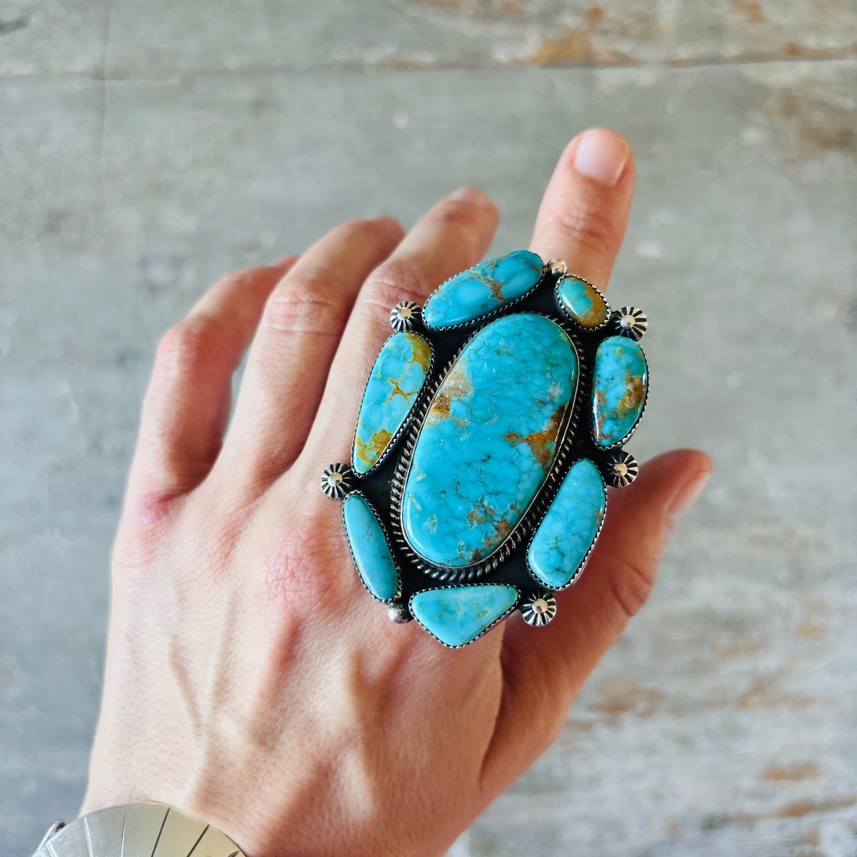 Navajo Hemerson Brown Sterling Silver & Kingman Turquoise Cluster Statement Ring