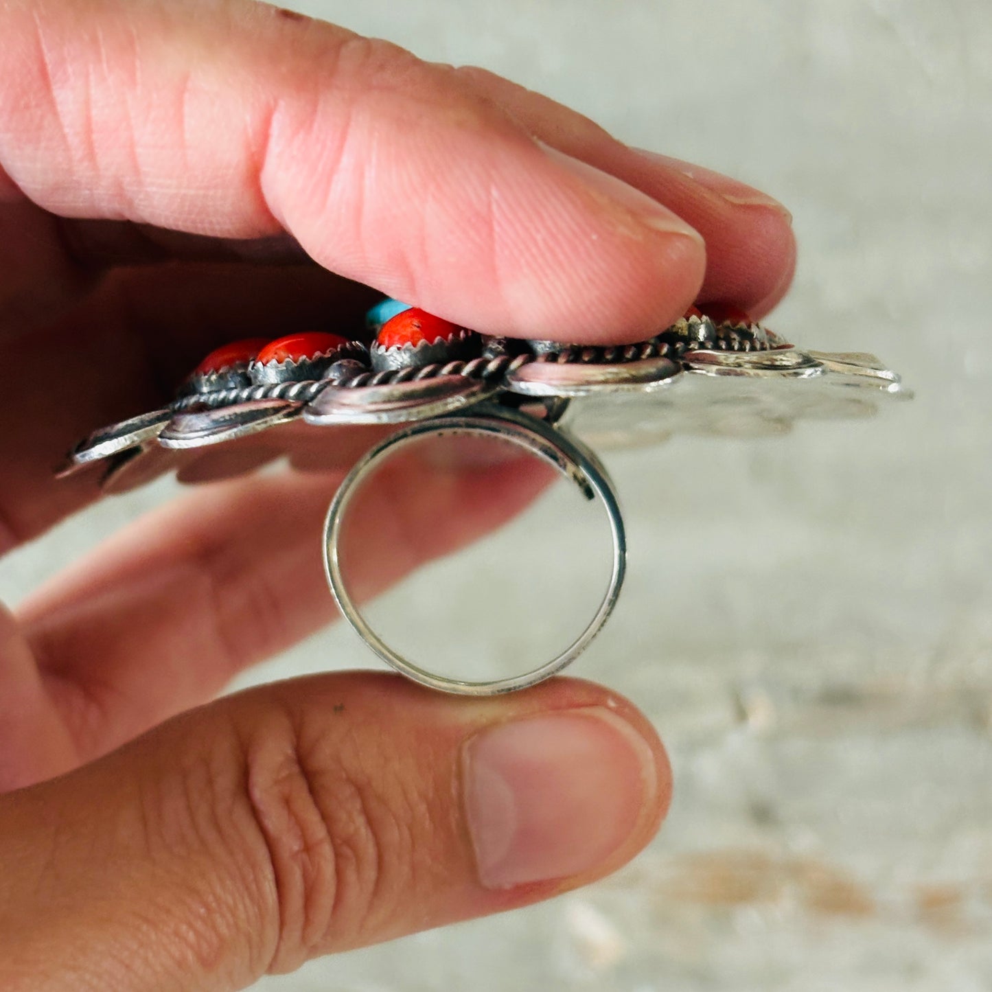 Navajo Hemerson Brown Sterling Silver - Red Coral & Sonoran Turquoise Cluster Statement Ring