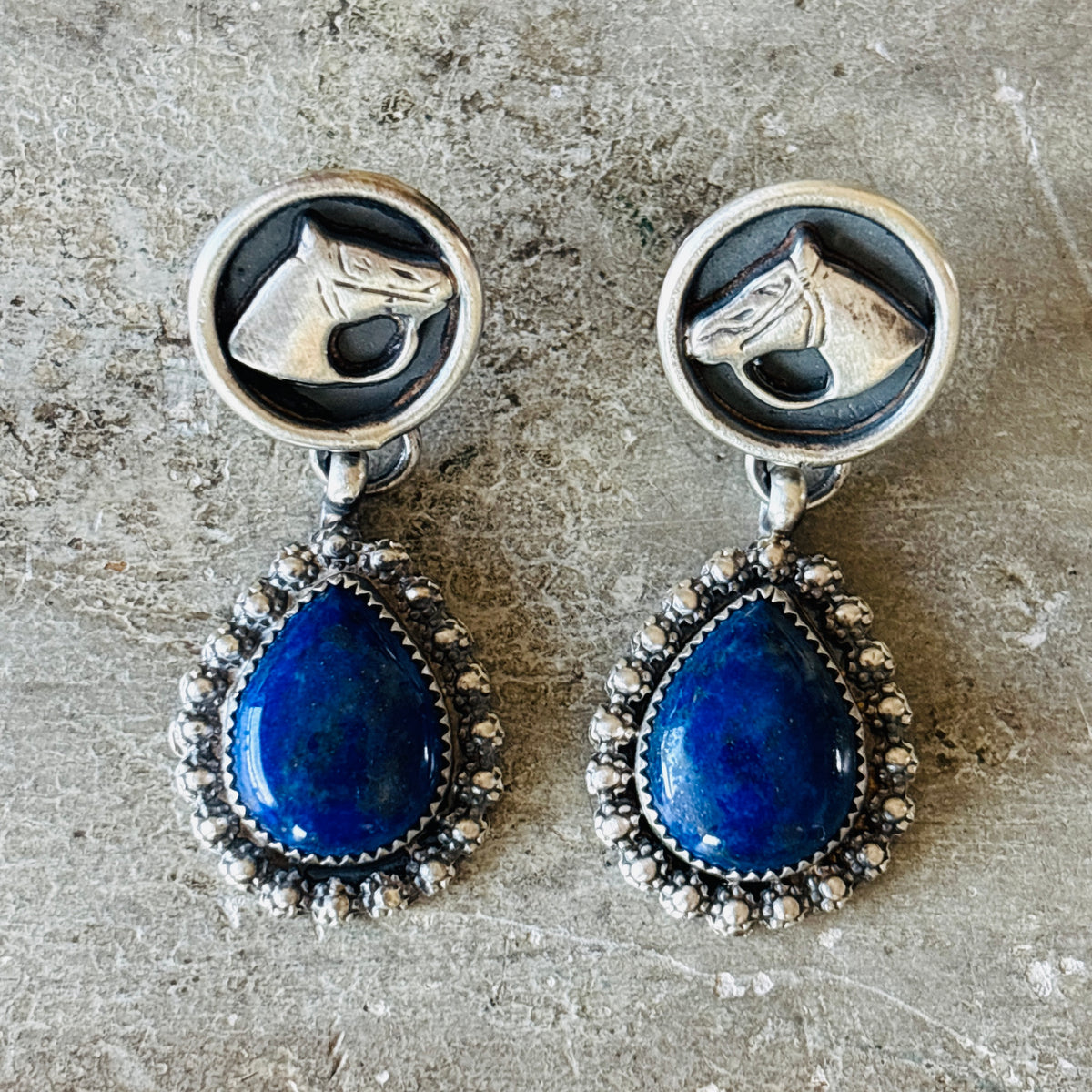Navajo Kindale Billah Sterling Silver & Lapis Horse Head Earrings