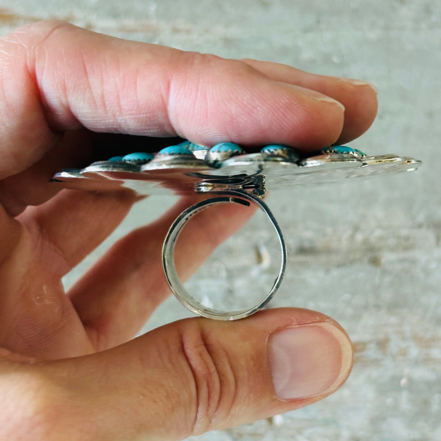 Navajo Hemerson Brown Sterling Silver & Kingman Turquoise Cluster Ring