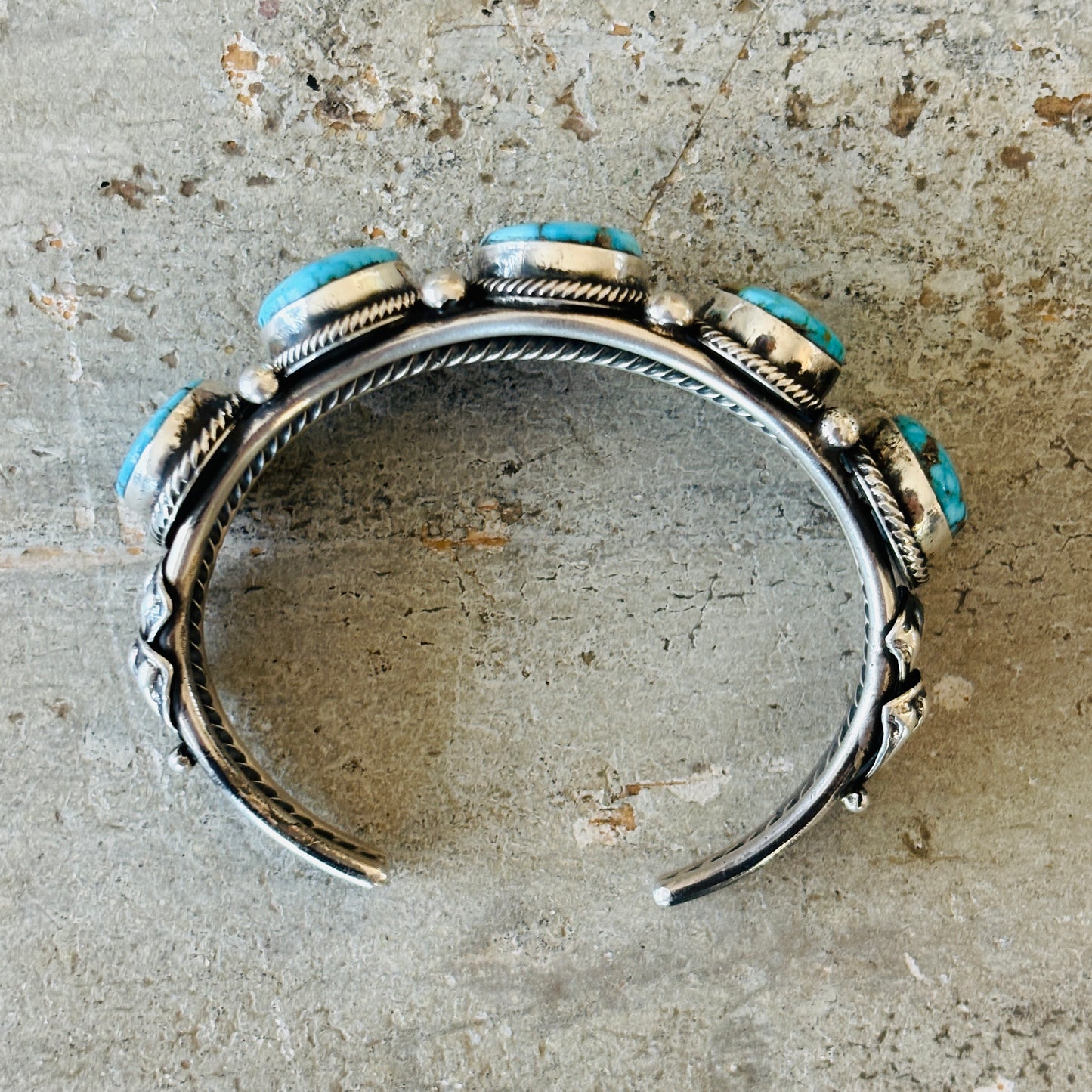 Navajo Hemerson Brown Sterling Silver & Web Kingman Turquoise Five Stone Cuff