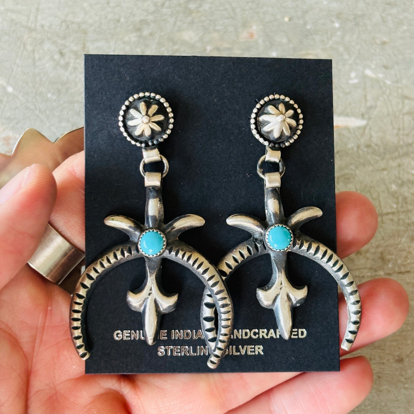 Navajo Braxton Parkett Sterling Silver & Kingman Turquoise Naja Earrings