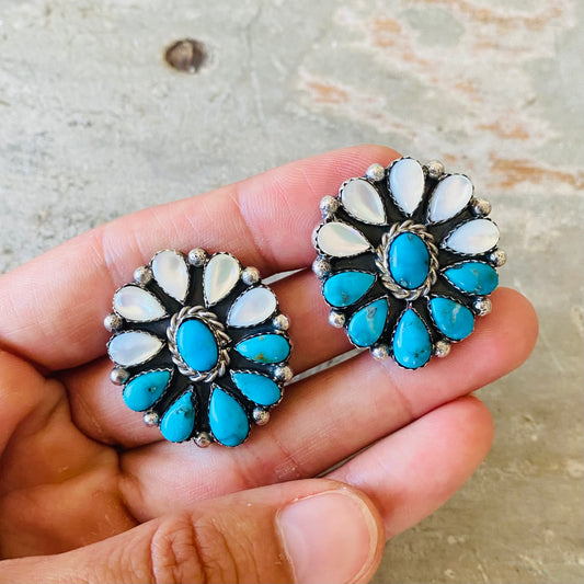 Navajo Lorenzo Jerilyn Chee Sterling Silver Turquoise & Shell Cluster Earrings