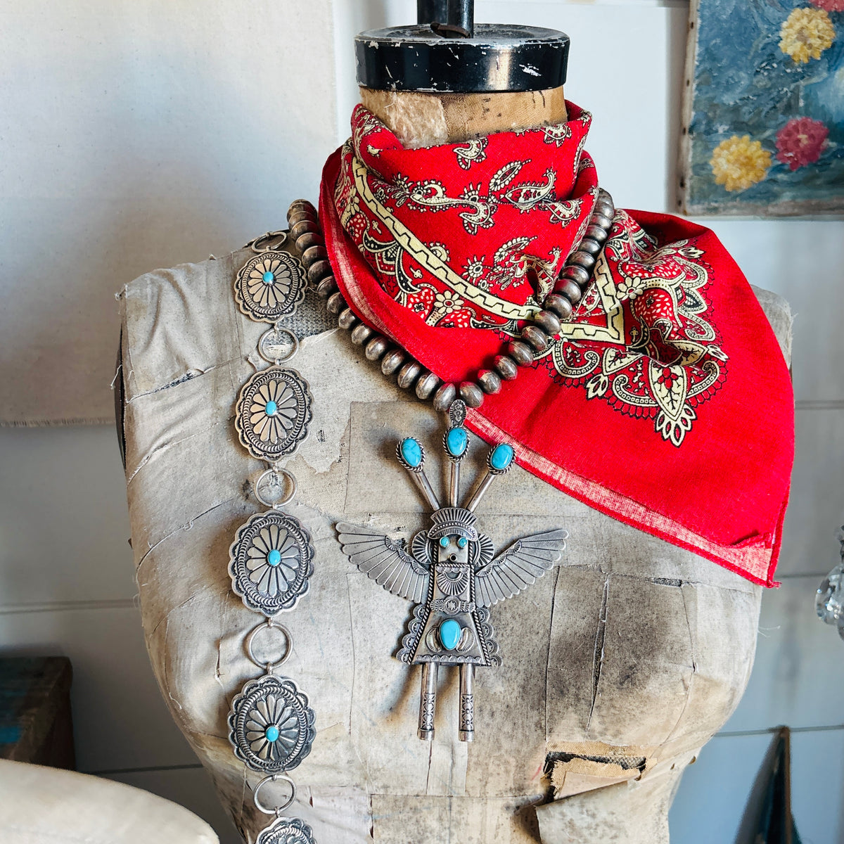 Vintage Navajo Garret Hale Sterling Silver & Kingman Turquoise Handmade Pearls Kachina Necklace
