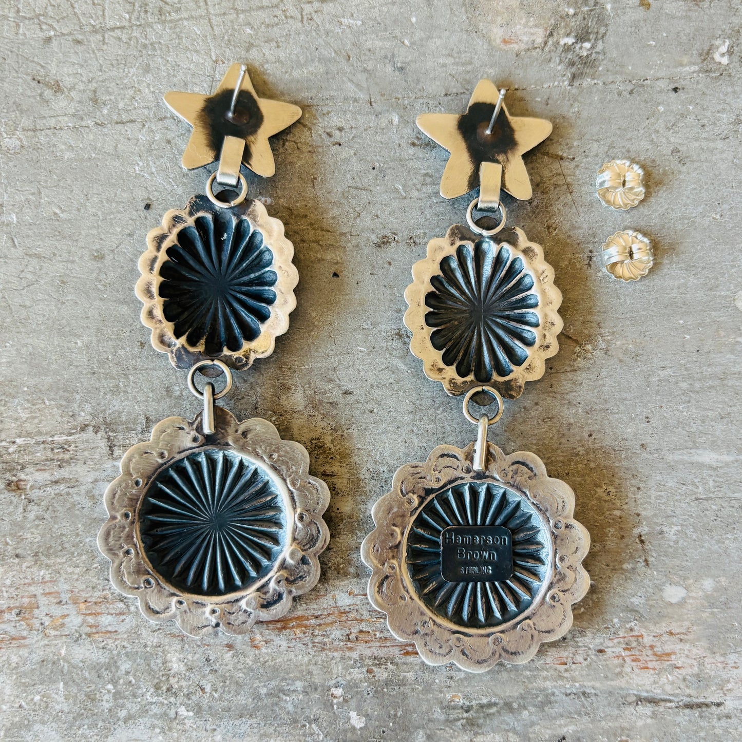 Navajo Hemerson Brown Sterling Silver Hearts and Stars Concho Earrings