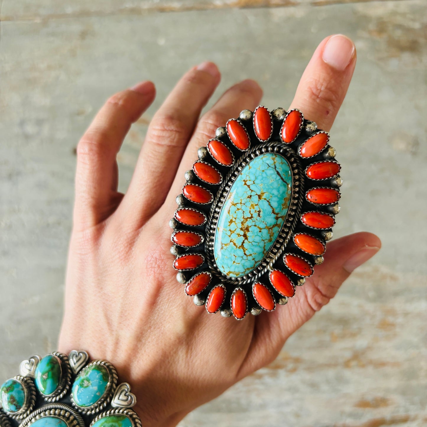 Navajo Hemerson Brown Sterling Silver - Red Coral & #8 Turquoise Cluster Statement Ring