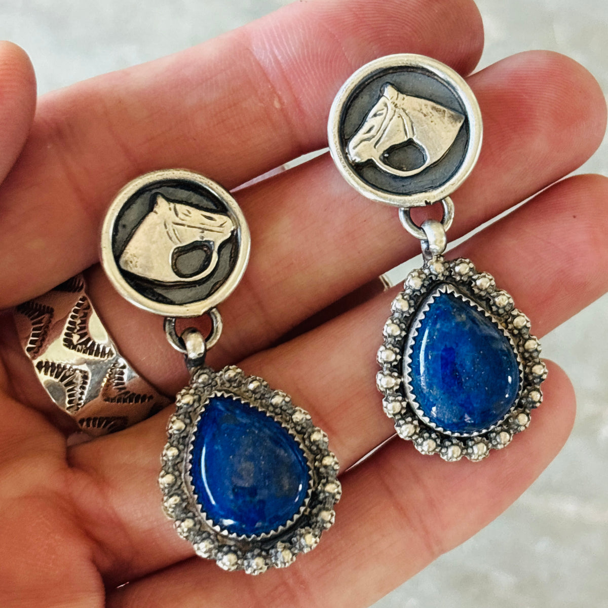 Navajo Kindale Billah Sterling Silver & Lapis Horse Head Earrings