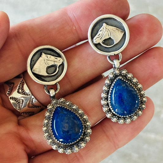 Navajo Kindale Billah Sterling Silver & Lapis Horse Head Earrings