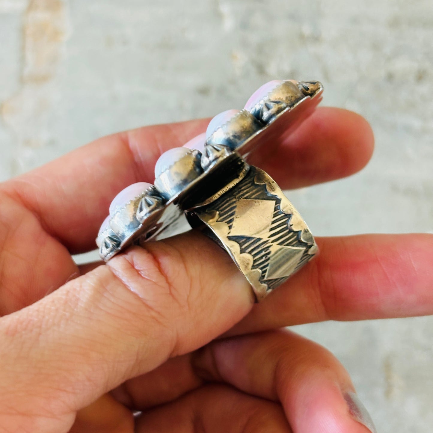 Navajo Dustin Francisco Sterling Silver & Pink Conch Cluster Ring