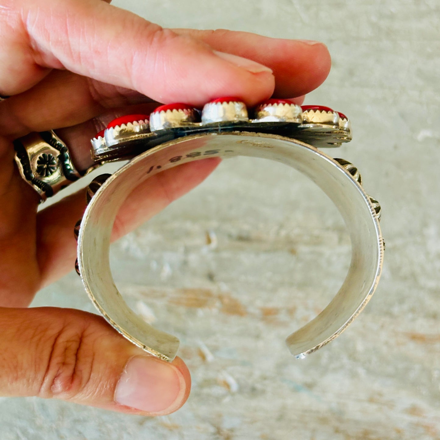 Navajo Edmund Piasso Sterling Silver - Red Coral & Kingman Turquoise Cluster Statement Cuff