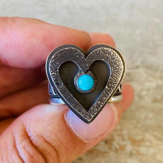 Navajo Aaron John Sterling Silver & Kingman Turquoise Heart Ring