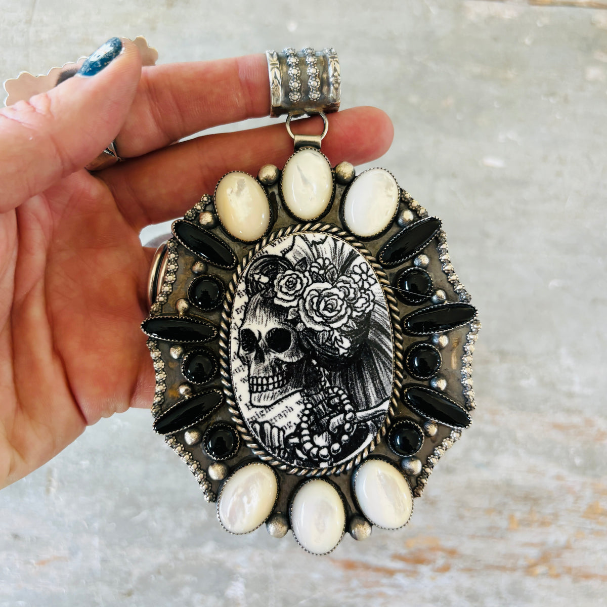 Navajo Kindale Billah Sterling Silver - Ceramic - Mother of Pearl & Black Onyx Skull Pendant
