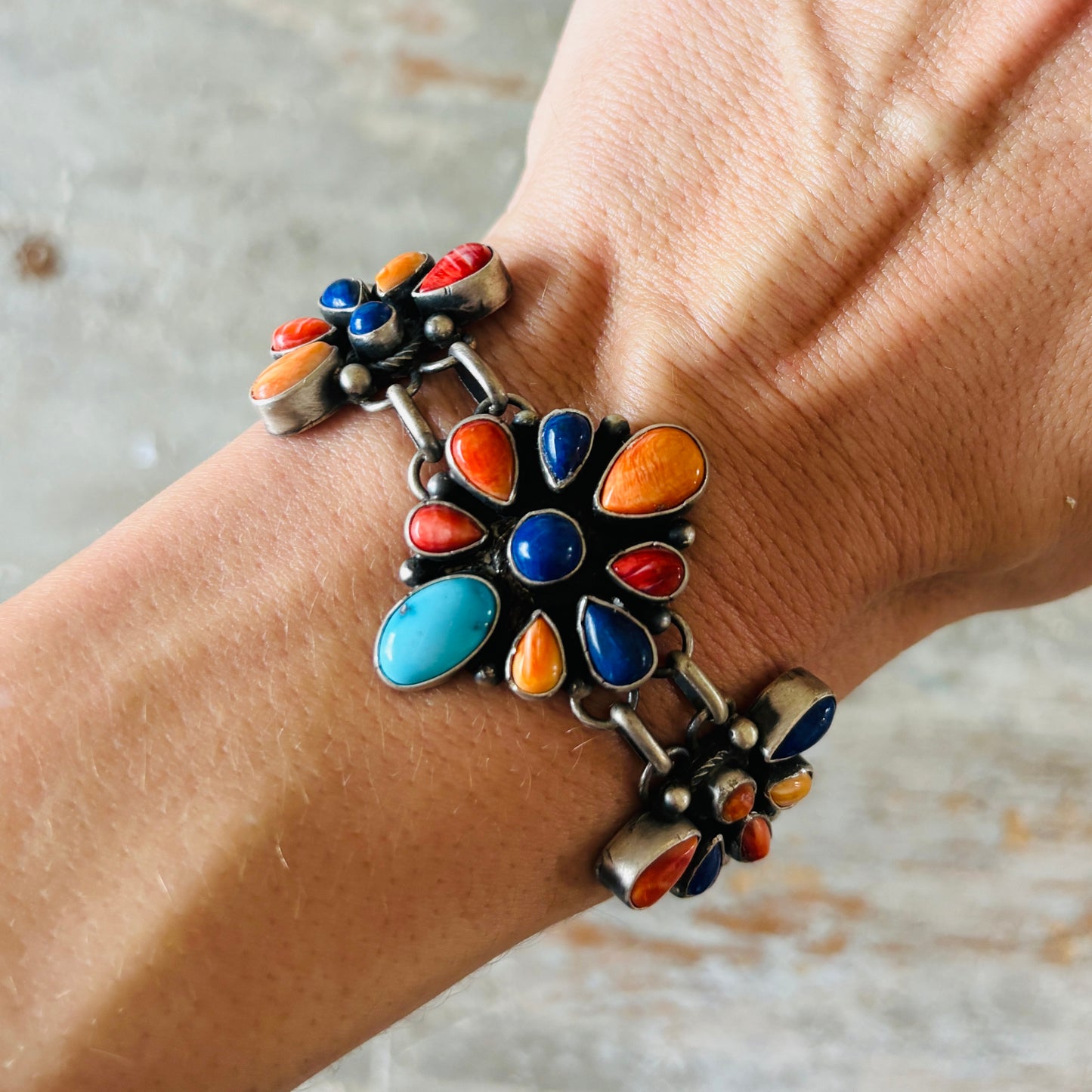 Navajo Betty Tom Sterling Silver Multi Stone Cluster Bracelet